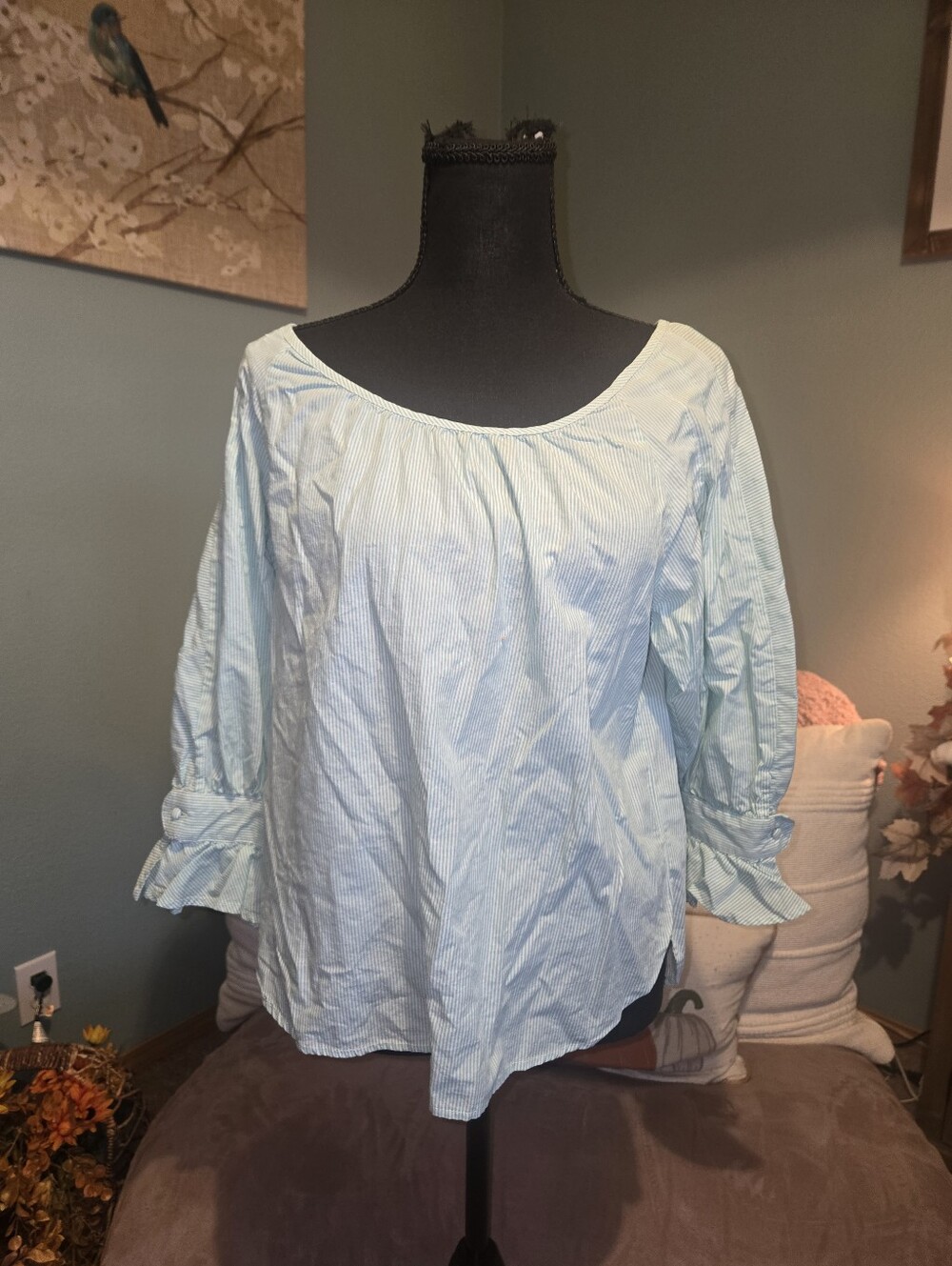 Kensie Light Blue Pinstripe Scoop Neck Blouse